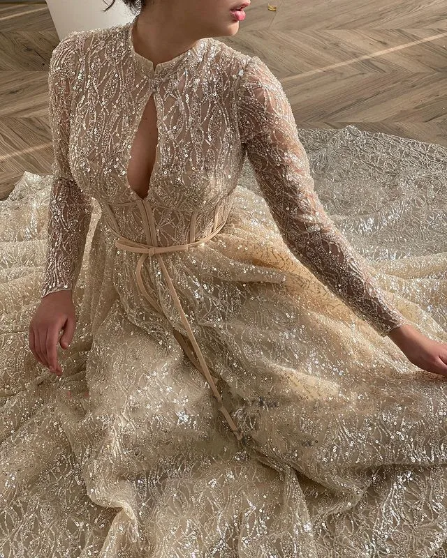 2024 Champagne Lace Glitter A Line Prom Dresses Long Sleeves High Neck Corset Sparkly With Pockets Evening Party Gowns