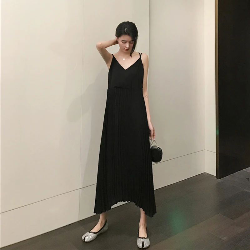 Women Maxi Dress Sexy Sleeveless Backless V-neck Dress Chiffon Long Pleated Dresses Loose