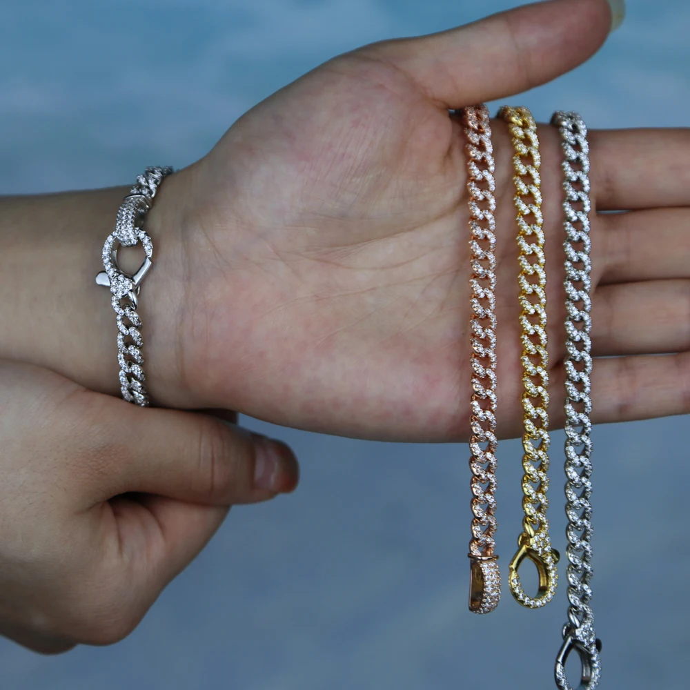 Iced Out Bling Lock Lobster Charm Micro Pave CZ Cuban Link Chain Bracelet 16.5cm 17.5cm Fashion Women Jewelry