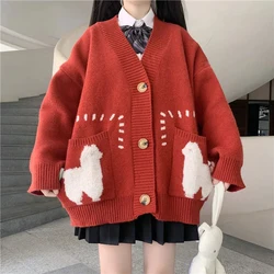 Cute Print Oversized Cardigan Woman Sweater Korean Style Loose Big Pocket Knitted Sweater Autumn Winter V-neck Warm Sweater Coat