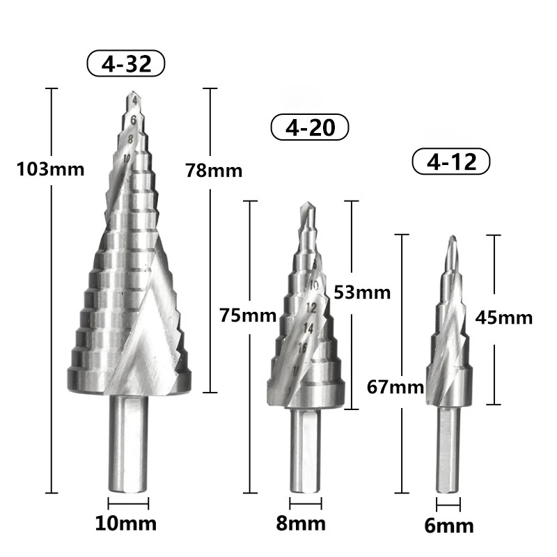 Imagem -02 - Hss Passo Cone Broca Conjunto de Alta Velocidade de Aço em Espiral para Cone de Metal Triângulo Shank Buraco Broca de Metal Profissional 432 420 412 mm