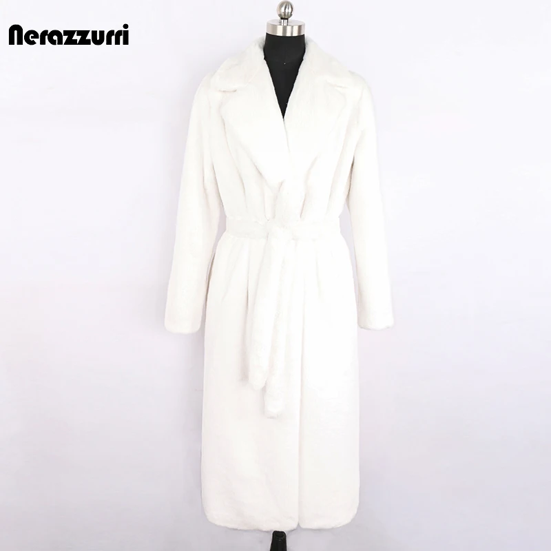 Nerazzurri Winter Long White Black Warm Fluffy Faux Fur Coat Women Long Sleeve Belt Lapel Stylish Korean Fashion without Buttons