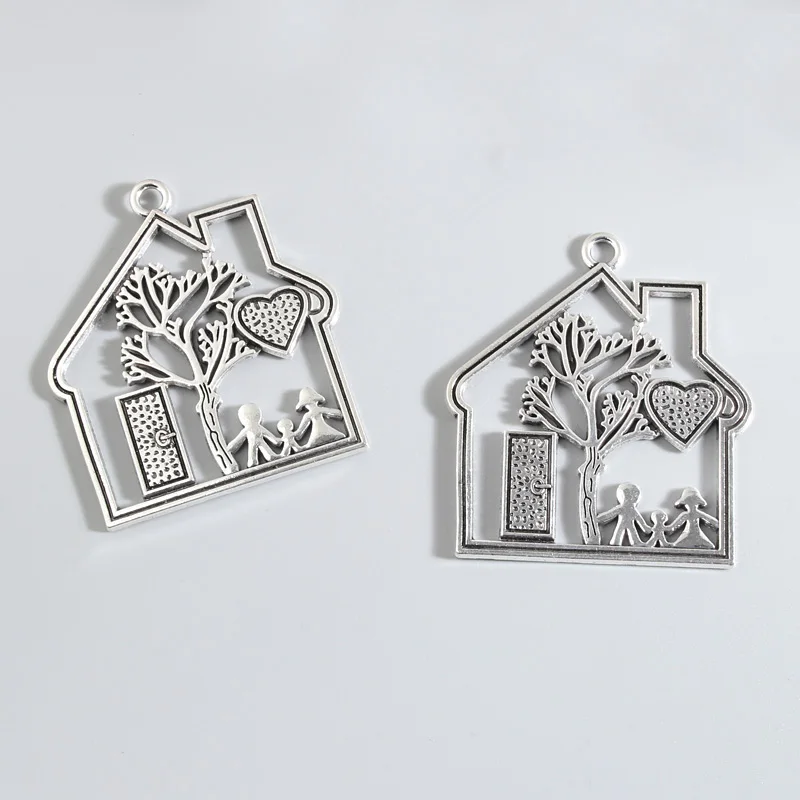 4pcs Silver Color 59x52mm Love House Charms Dad Mom Child Family Home Pendant Fit DIY Handmade Jewelry Making Finding Supplies