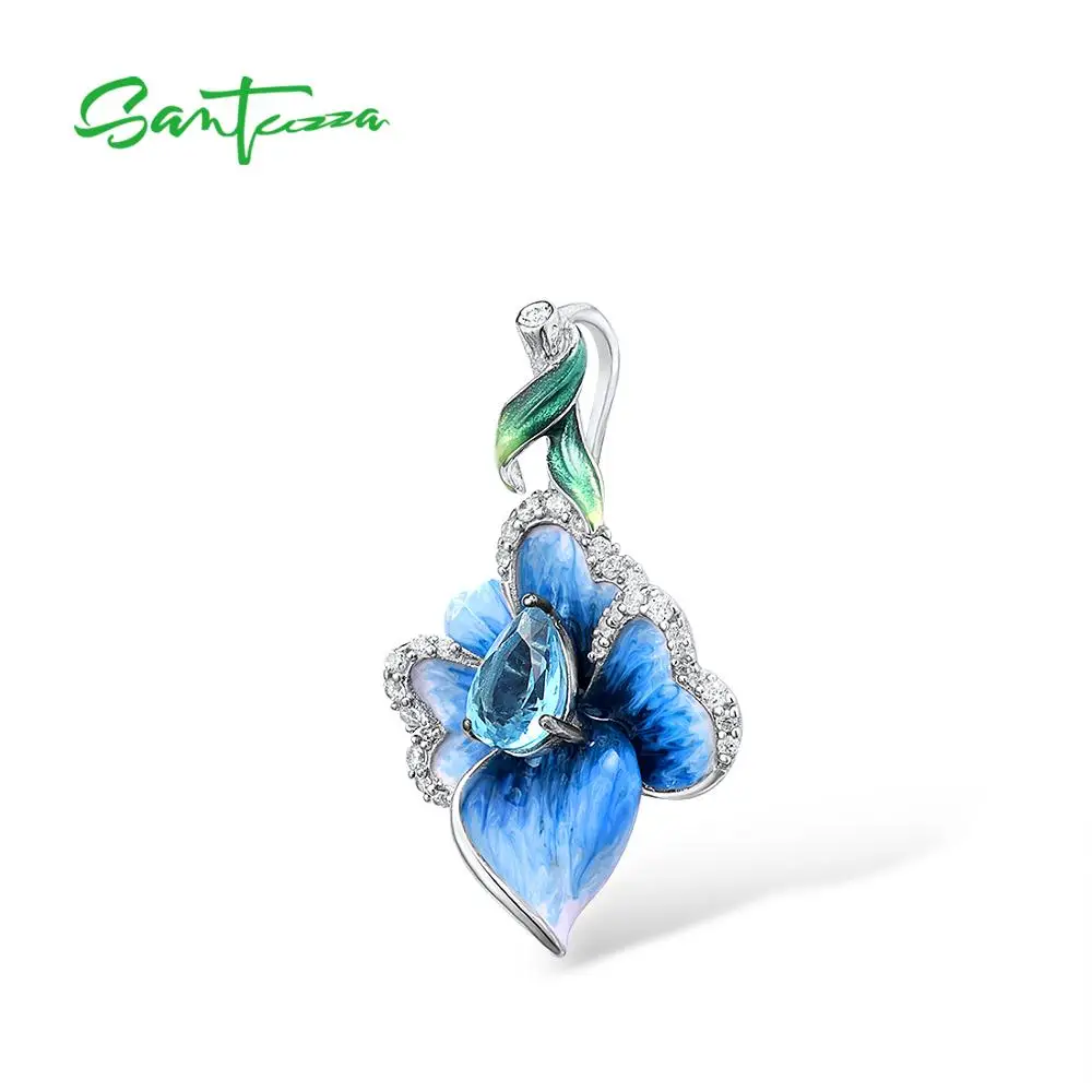 SANTUZZA Silver Pendant For Women Pure 925 Sterling Silver Exquisite Blue Orchid Flower Pendant Fine Jewelry Handmade Enamel