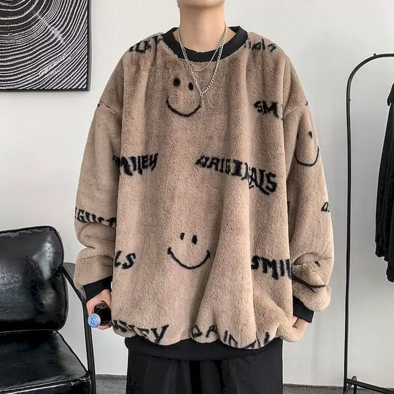 

Fonekie Cashmere Pullover Men Oversized Loose Long Sleeve Tshirt Autumn Winter Thicken Plush Trend Premium Clothes Men's Tops