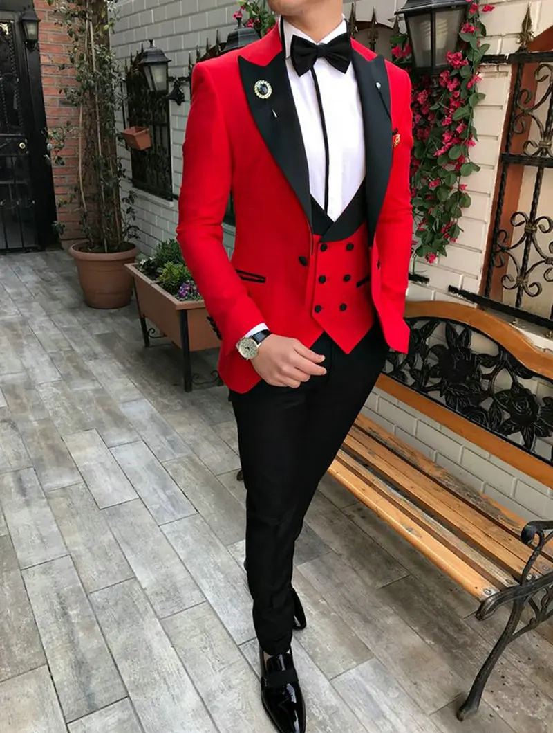 

JELTONEWIN Red Men Suits Slim Fit for Wedding Groom Tuxedo Prom Peaked Lapel Male 3 Pieces Set Jacket+Vest+Pants Terno Masculino