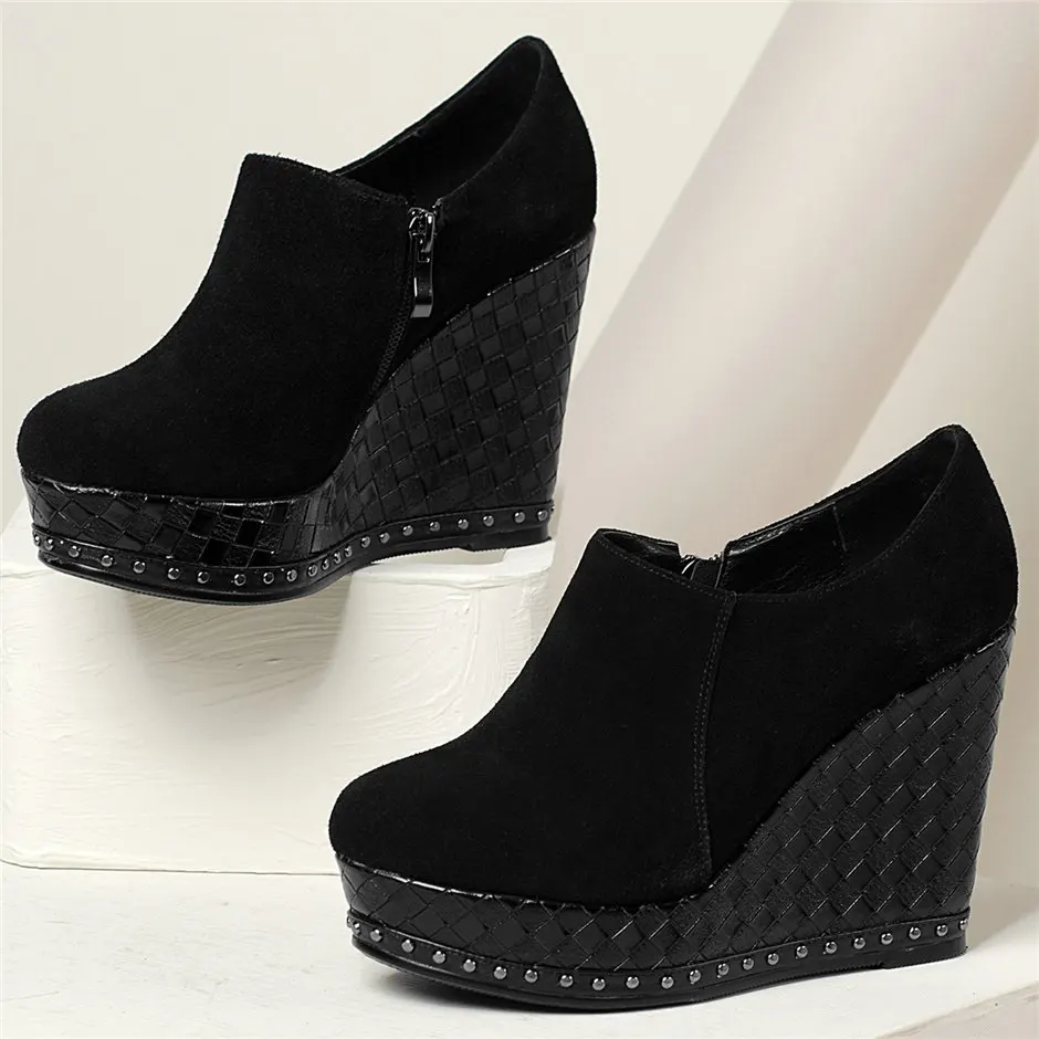 Chunky Platform Pumps Shoes Women Genuine Leather Wedges High Heel Ankle Boots Female Low Top Round Toe Oxfords Shoes Chic Shoes