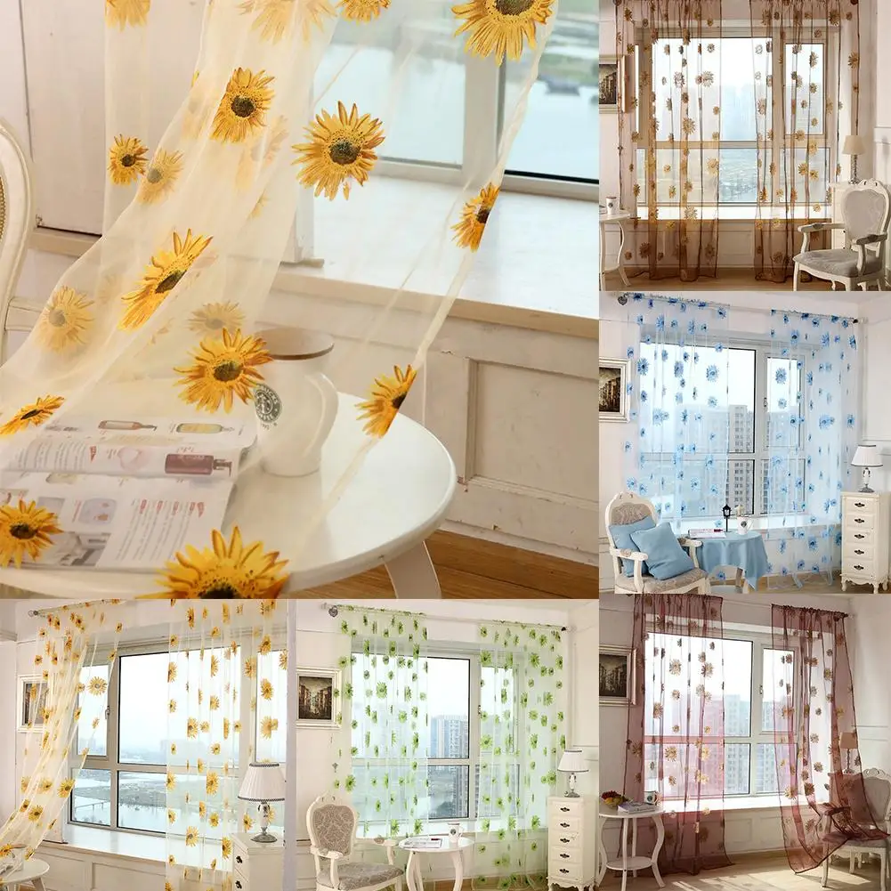 Sunflower Sheer Tulle Window Curtain Valance Door Room Divider Drape Decoration