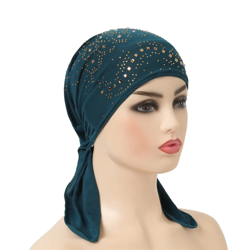 Full Cover Rhinestone Muslim Inner Hijab Cap Women's Headwear Underscarf Islamic Head Wrap Hat Bonnet Hair Loss Long Tail New