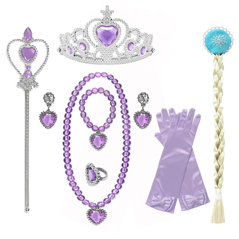 Girls Princess Accessories Set Elsa Anna Rapunzel Aurora Jasmine Crown Magic Wand Necklace Gloves Wig Halloween Party Headwear