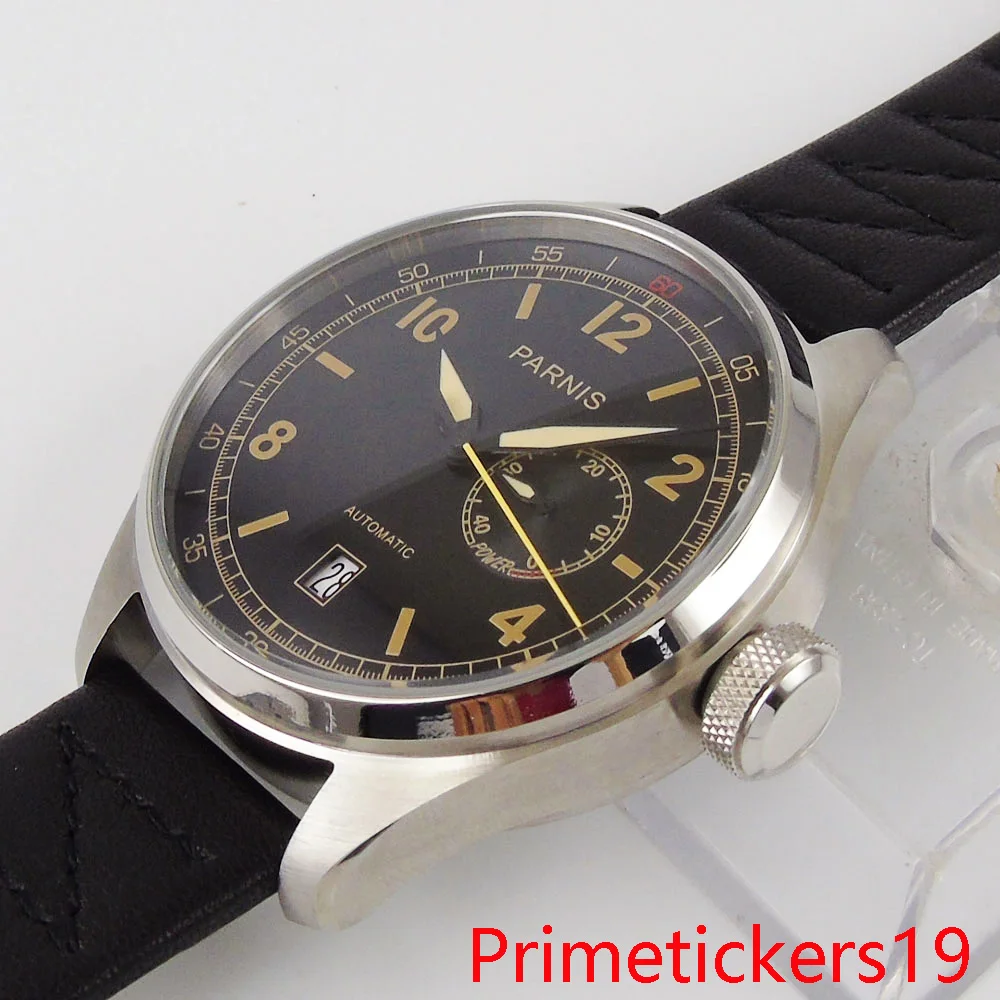 new automatic men watch 48mm date indicator leather strap stainless steel case solid backcover