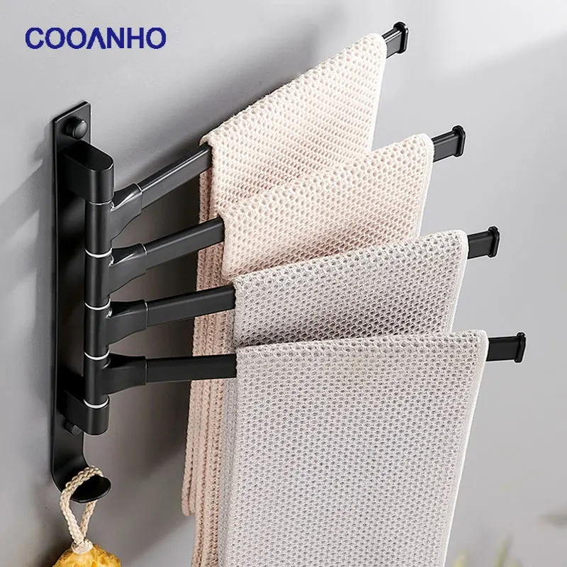 COOANHO-Barra de toalla de mano giratoria de 2/3/4 brazos, colgador oscilante montado en la pared para baño, soporte para toallero, acabado negro mate