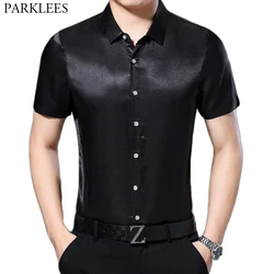 Chemise de smoking boutonnée à manches courtes pour hommes, chemises provoqué en satin noir, chemise décontractée pour hommes, chemisier lisse et confortable, tout neuf, 3XL, 2022