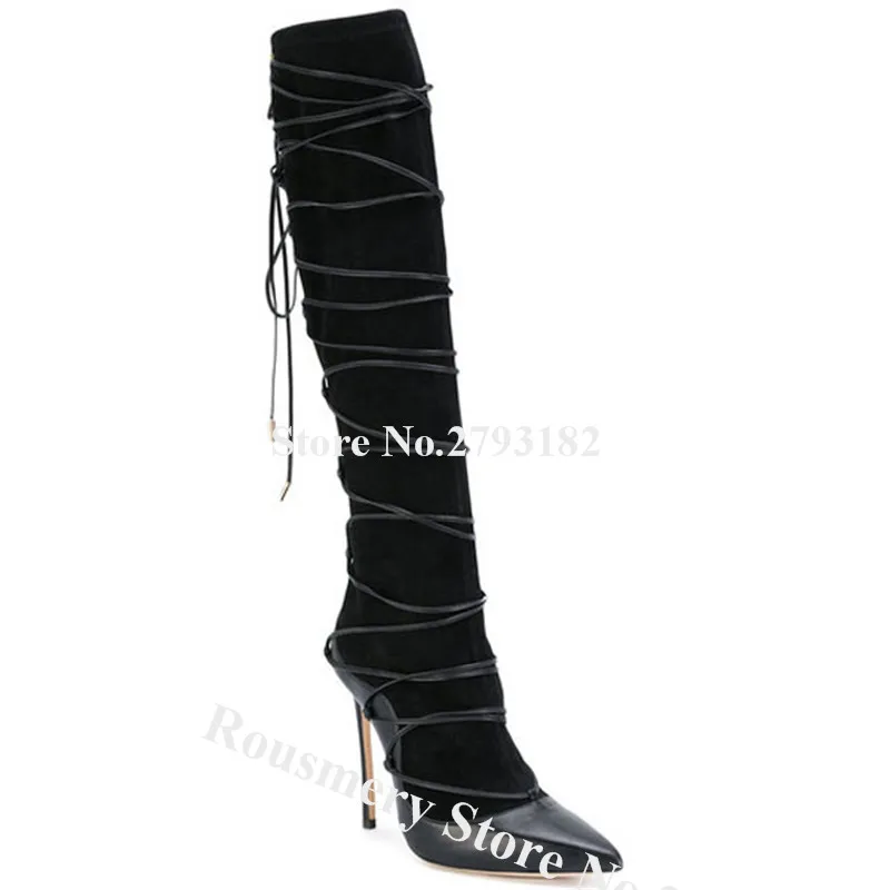 

Women Elegant Pointed Toe Leather Patchwork Suede Stiletto Heel Knee High Boots Straps Cross Lace-up High Heel Long Boots