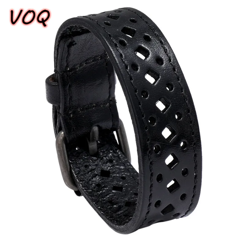 VOQ Creative Jewelry Wide Wristband Design Retro Hollow Genuine Leather Bracelet Adjustable Long Cuff Bangles pulseras