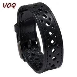 VOQ Creative Jewelry Wide Wristband Design Retro Hollow Genuine Leather Bracelet Adjustable Long Cuff Bangles pulseras