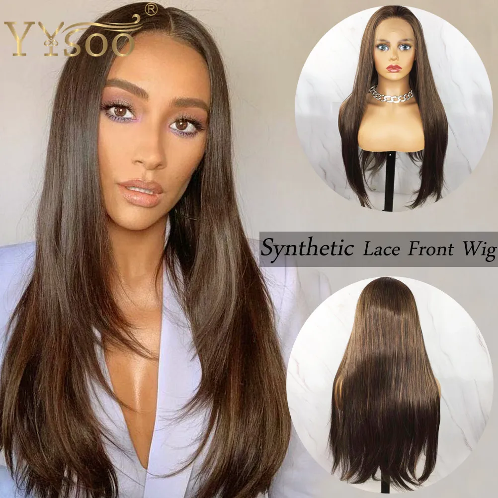 

YYsoo Long Highlights Color Silky Straight 13X4 Synthetic Hair Lace Front Wig Free Part Glueless Front Lace Ombre Wig For Women