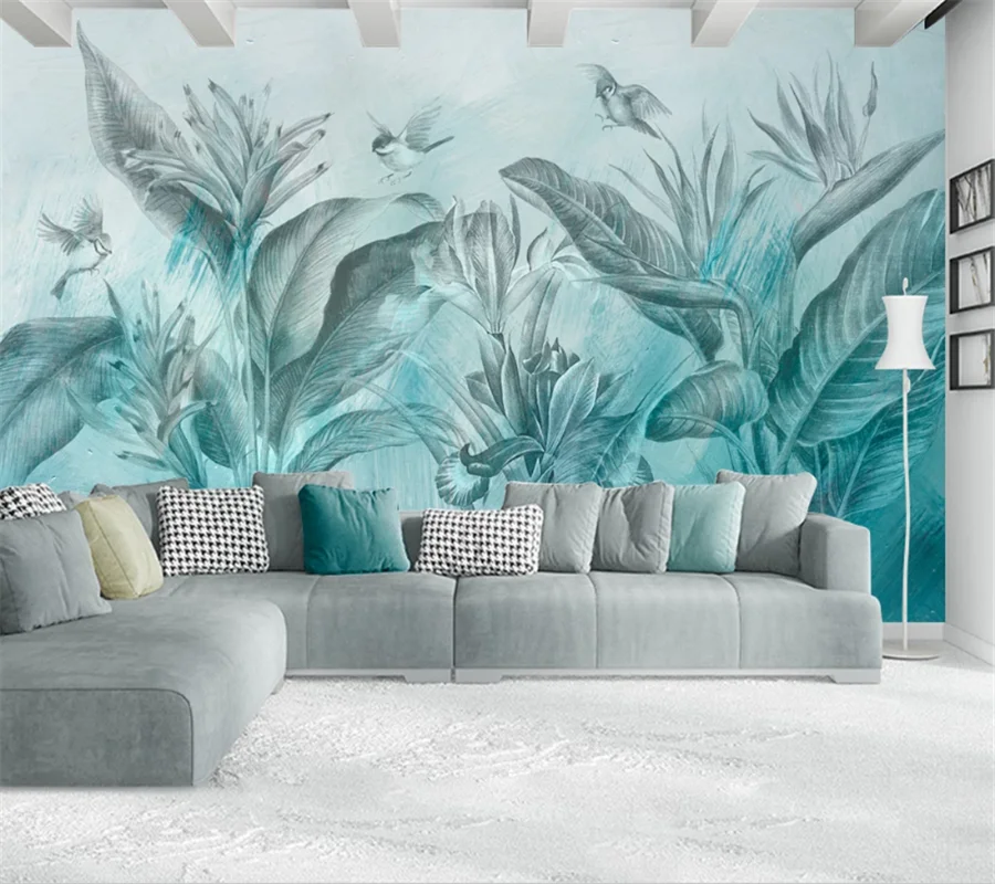 wellyu Custom wallpaper 3d Nordic minimalist hand-painted blue tropical plant background living room bedroom background wall