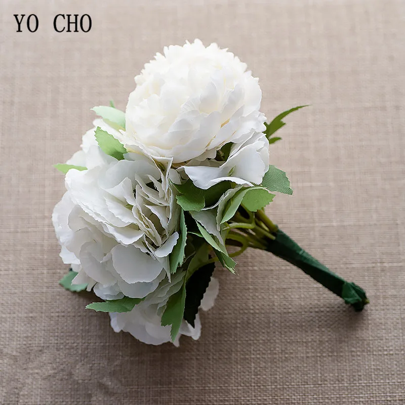 YO CHO Wedding Bouquet Artificial Silk Peony Hydrangea Pompom Flowers Bridal Bridesmaids Holder Bouquets Home Wedding Supplies