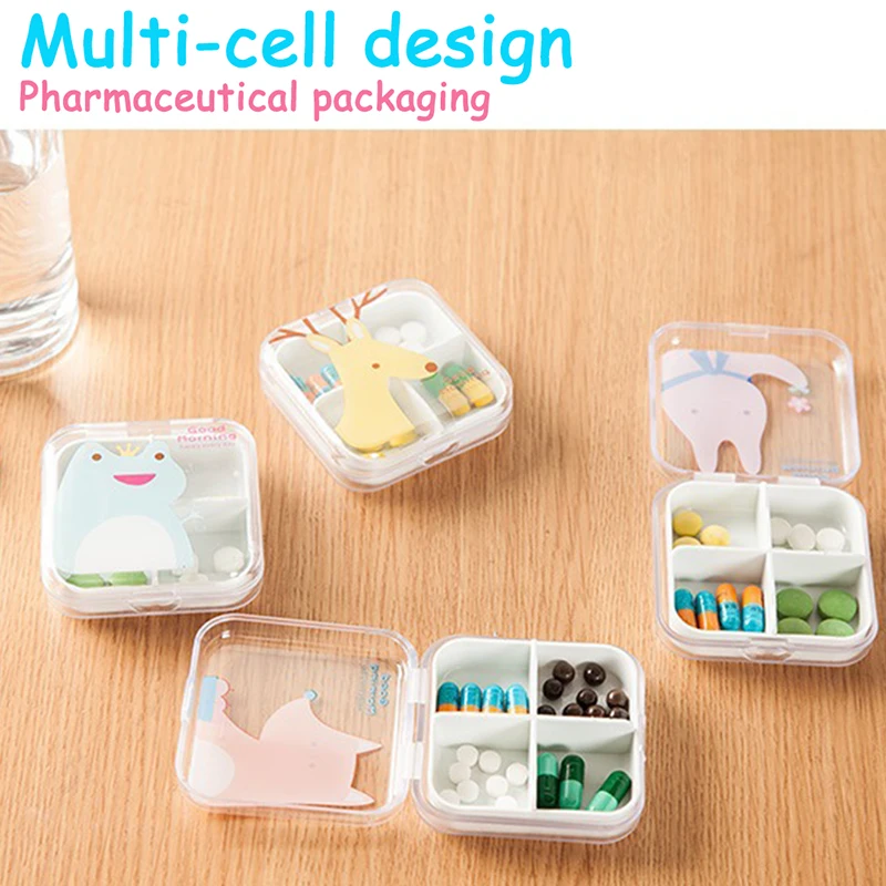 

4 Slots Transparent Cute Cartoon Mini Storage Medicine Pill Box Portable Empty Plastic Container Cases Travel Accessories