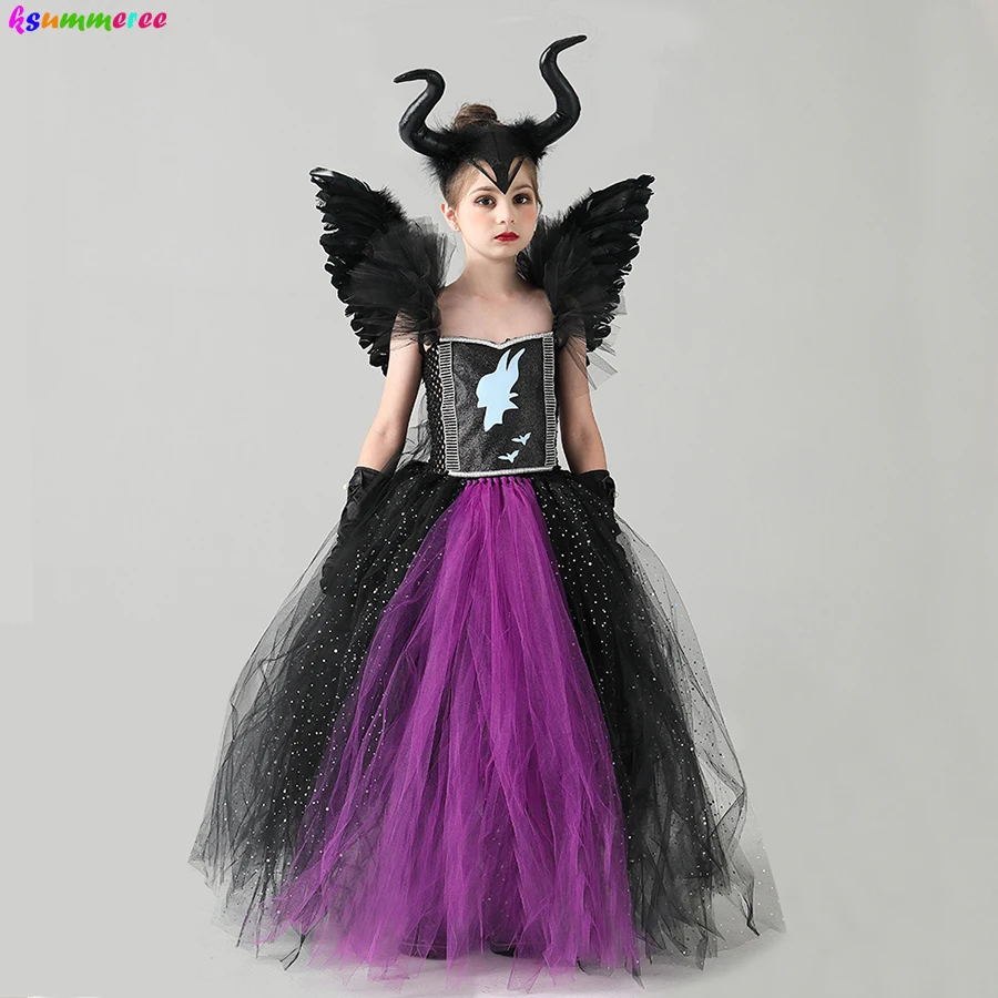 

Girls Halloween Evil Dark Fairy Witch Gown Dress Costume Sparkly Kids Tutu Dress with Horns and Wing Fancy Villain Cosplay Dress