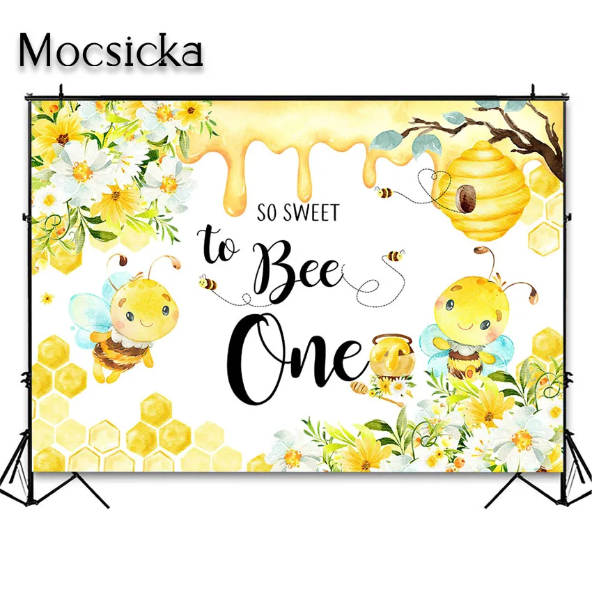 Mocsicka Honey Bee Theme 1st Birthday Backdrop Bumble Bee  Birthday Party Decorations Photo Background First Birthday Party