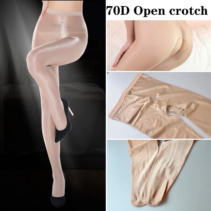 70D Women Sexy Shiny open Crotch Glossy Oil Pantyhose Tights thick good quality One Line High stretch oil Stockings