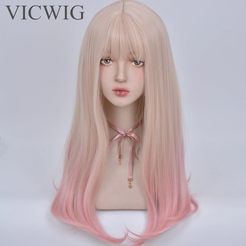 

VICWIG Long Straight Synthetic Wig Women's Gradient Blending Pink/Orange Cosplay Wig with Bangs