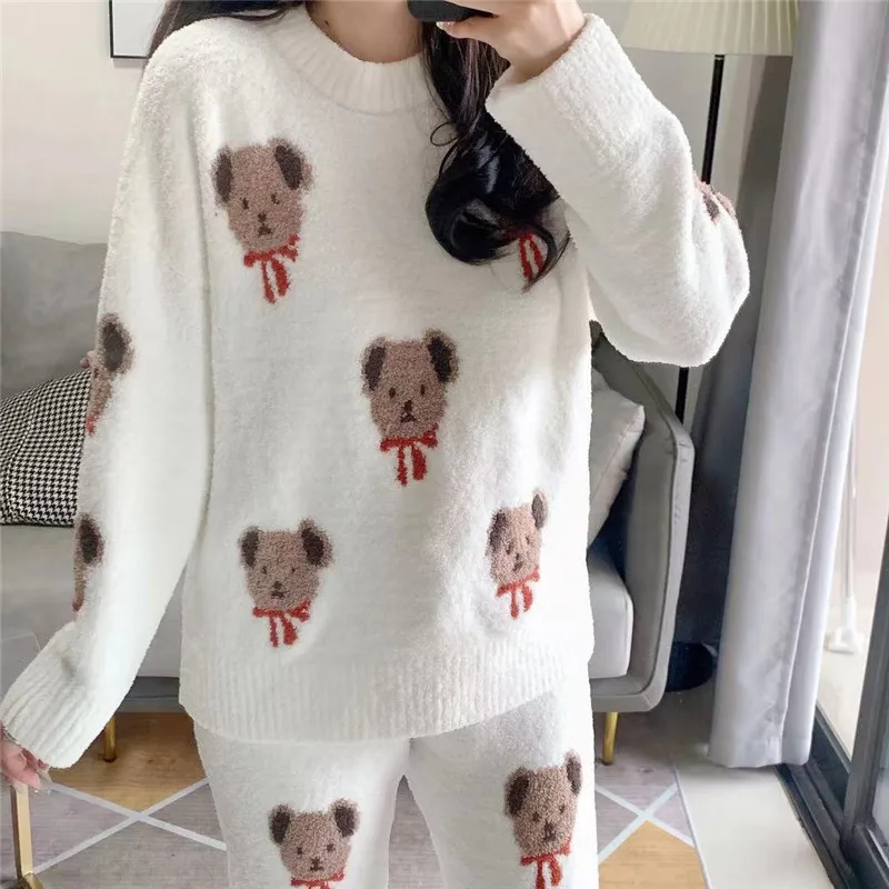 Japaneses Cute Bear Sleepwear Women Autumn Winter Long Sleeve Trousers Casual Homewear Suit Warm Thicken Comfort Pajama Sets