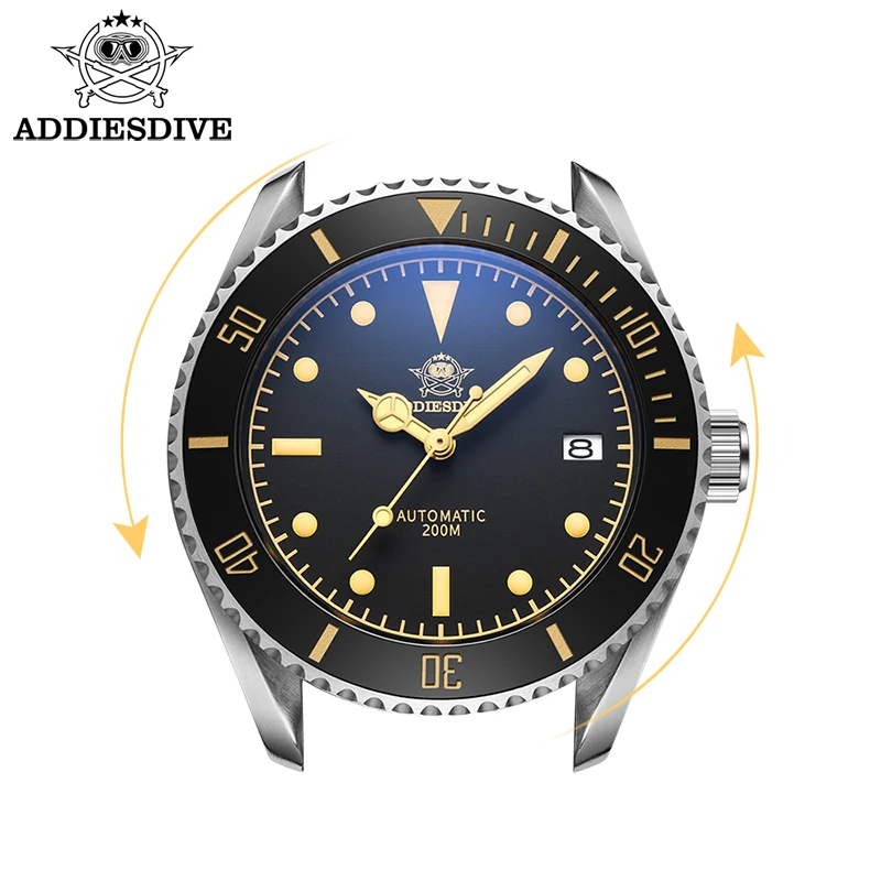 ADDIESDIVE Men\'s Watch Automatic NH35 Movement C3 Luminous 316L Stainless Steel Case Date Display Waterproof 200m Diving Watches