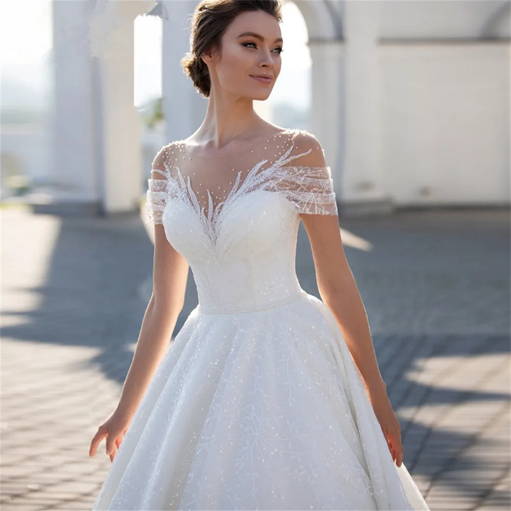 Vestido De Novia elegante con cuentas De encaje, Vestido De Novia con hombros descubiertos, botones, línea A, hecho A medida