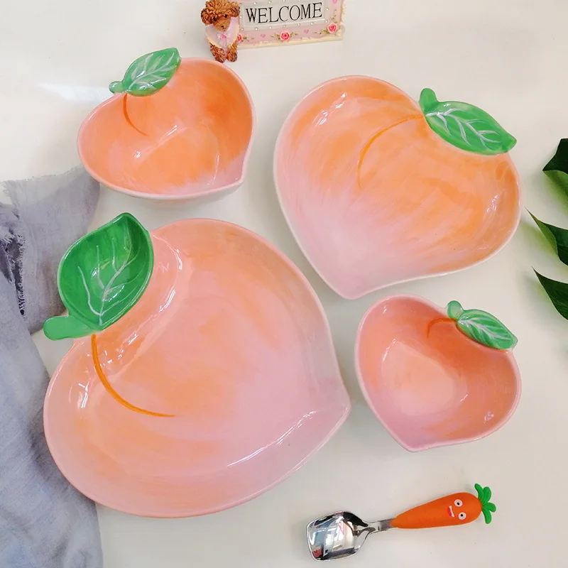 Korean Peach Ceramic Bowl Lovely Creative Dessert Snack Plate Salad Bowl Photo Props Home Snack Decoration Plate