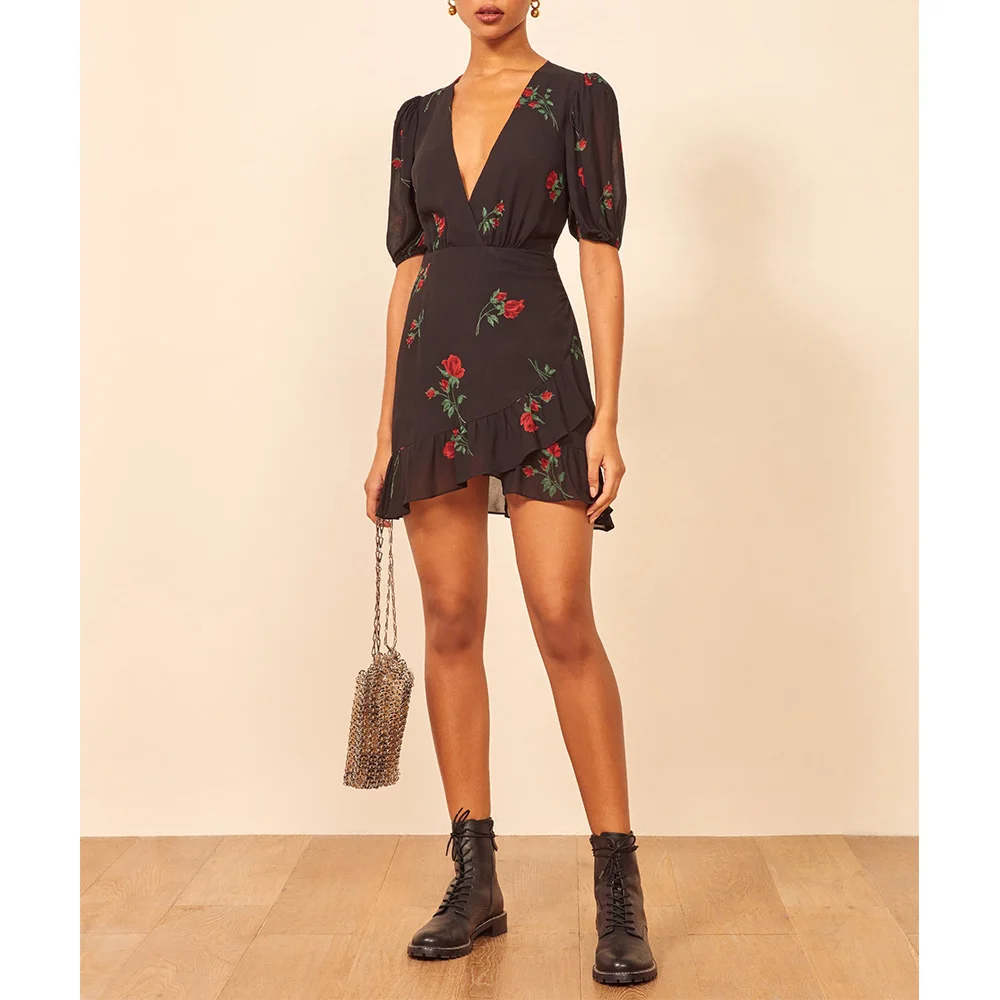 Dresses For Women 2021 Party Elegant Vintage Rose Floral Print Summer Dress V Neck Short Puff Sleeve Ruffle Hem Black Mini Dress