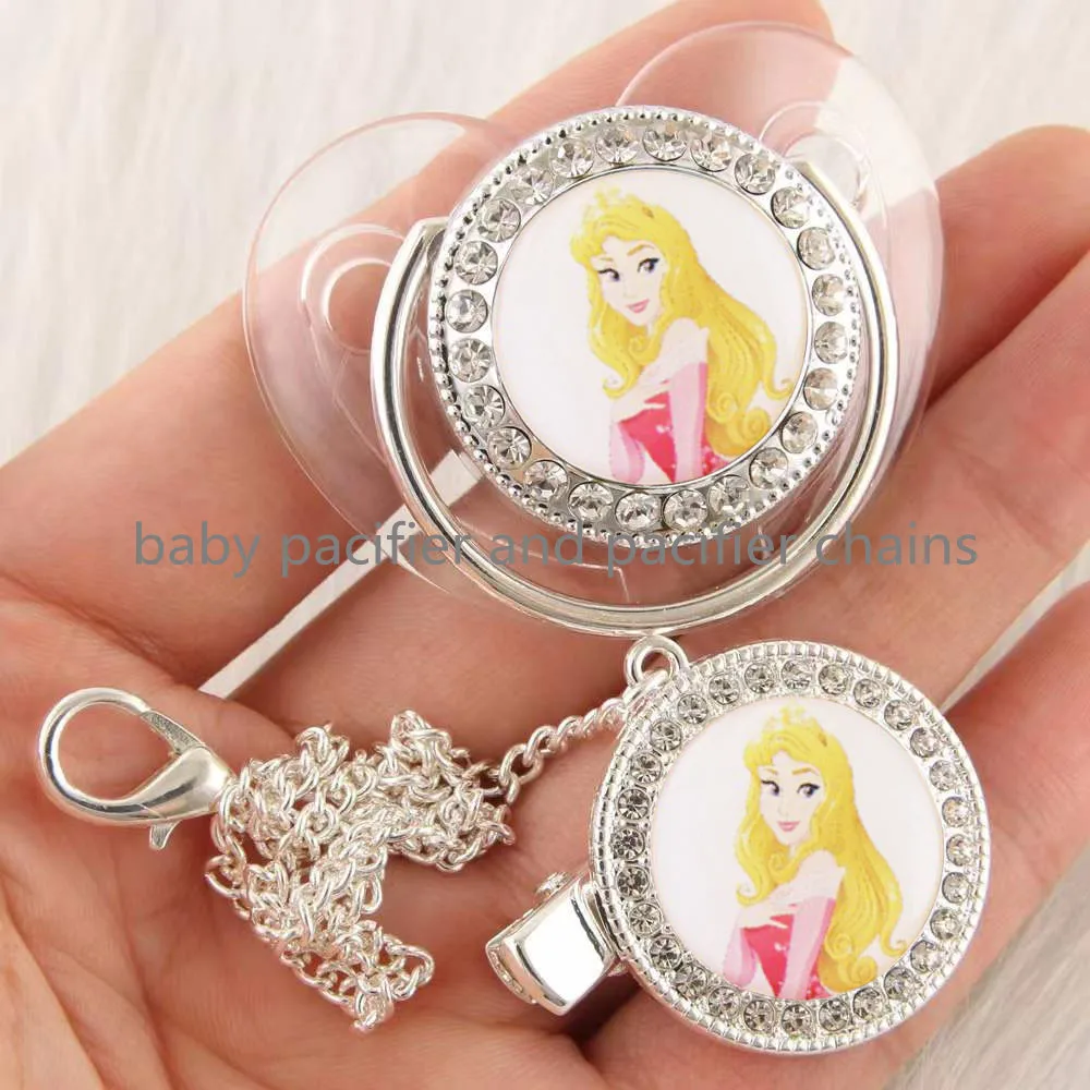 1set Disney Cartoon Silver Transparent Baby Pacifier with Clip Newborn BPA Free Luxury Bling Tetine Bebe and Pacifier Clips