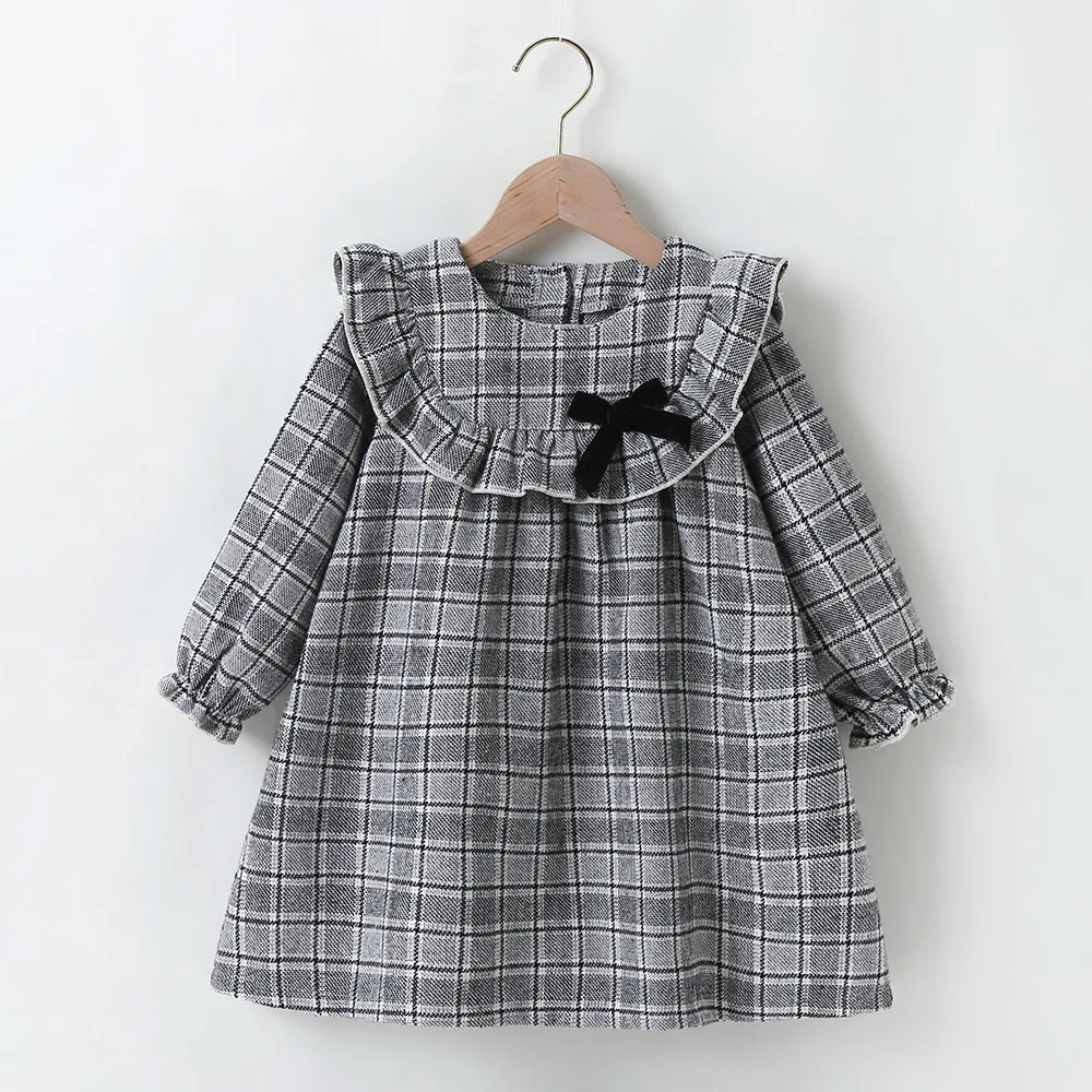 Autumn Winter 2022 New Arrivals Girls Cute Dresses Long Sleeve Gray Plaid Black Bow Cute Sweet Baby Dress Vestidos 18M-6T