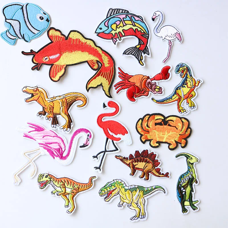 

Clever cute fish, dinosaur,Flamingo icon Embroidered Iron on Patch for Clothing DIY Strip Clothes Patchwork Sticker Custom Badge