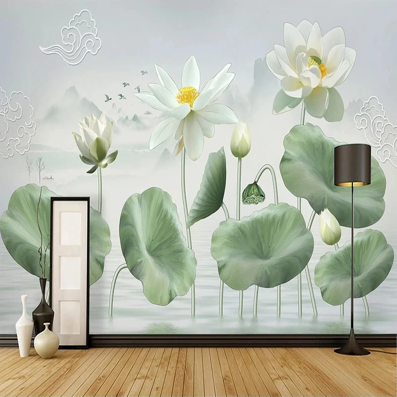 Custom 3D Chinoiserie Wallpaper Hand-Painted Lotus And Leaf Wall Mural Sofa Background Living Room Decoration Wall Paper Sticker