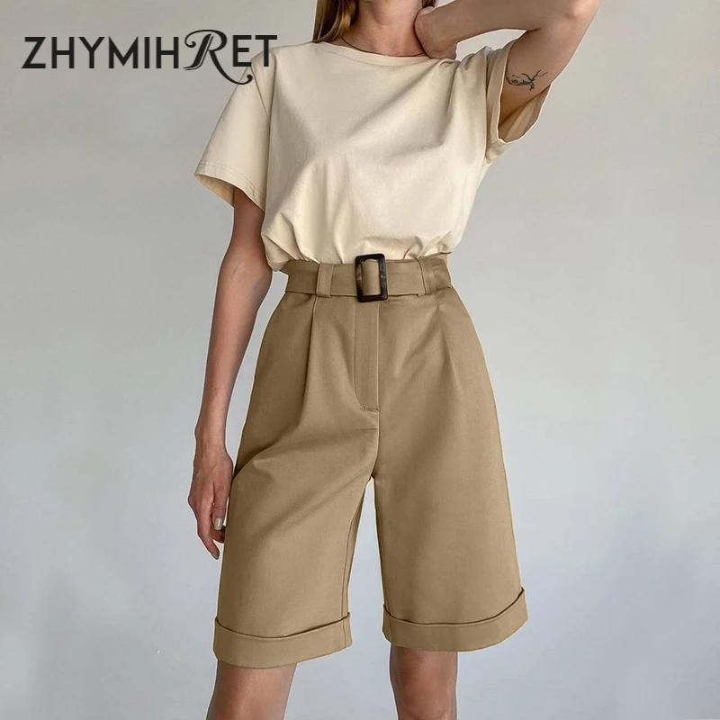 ZHYMIHRET Blue Elegant High Waist Suit Shorts Women  2023 Summer Casual Solid Wide Leg Bermuda Shorts With Pockets