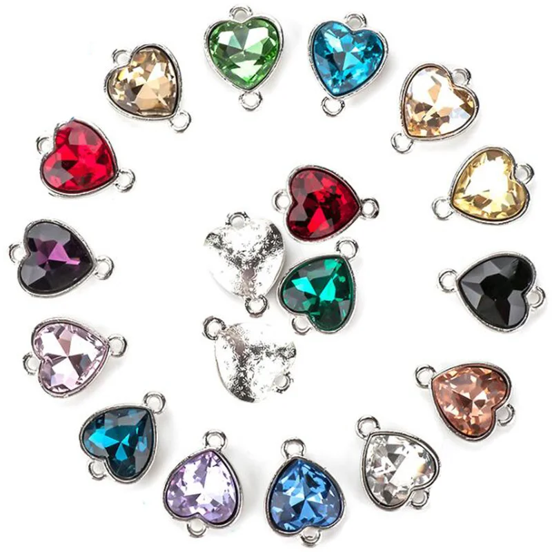 10PCS Crysta Glass Heart Shape Connector Charms Double Hole For DIY Earrings Necklace Pendants Jewelry Making Accessories