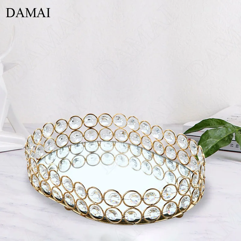 

Creativity Hollow Gold Trays Decorative Nordic Modern Gilded Circle Inlaid Crystal Dressing Table Jewelry Cosmetic Storage Tray