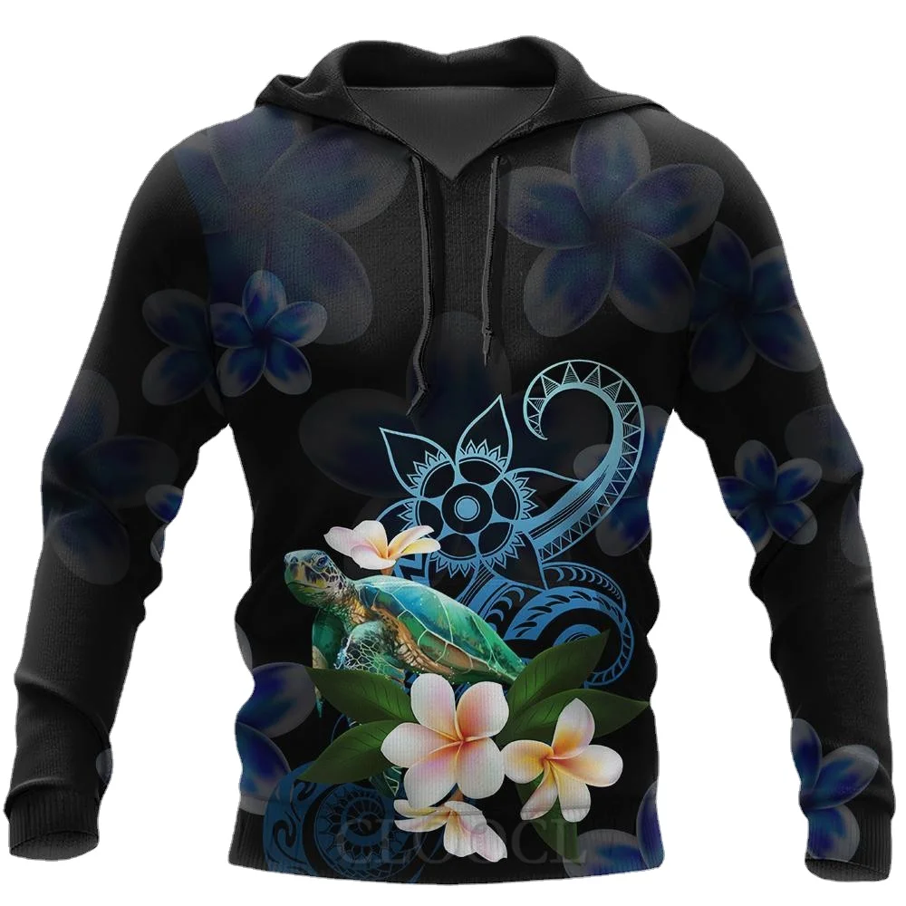 

HX Fashion Hoodies 3D Graphic Amazing Polynesian Turtle With Plumeria Flowers Hoodie Polyester Sportswear Men Clothing