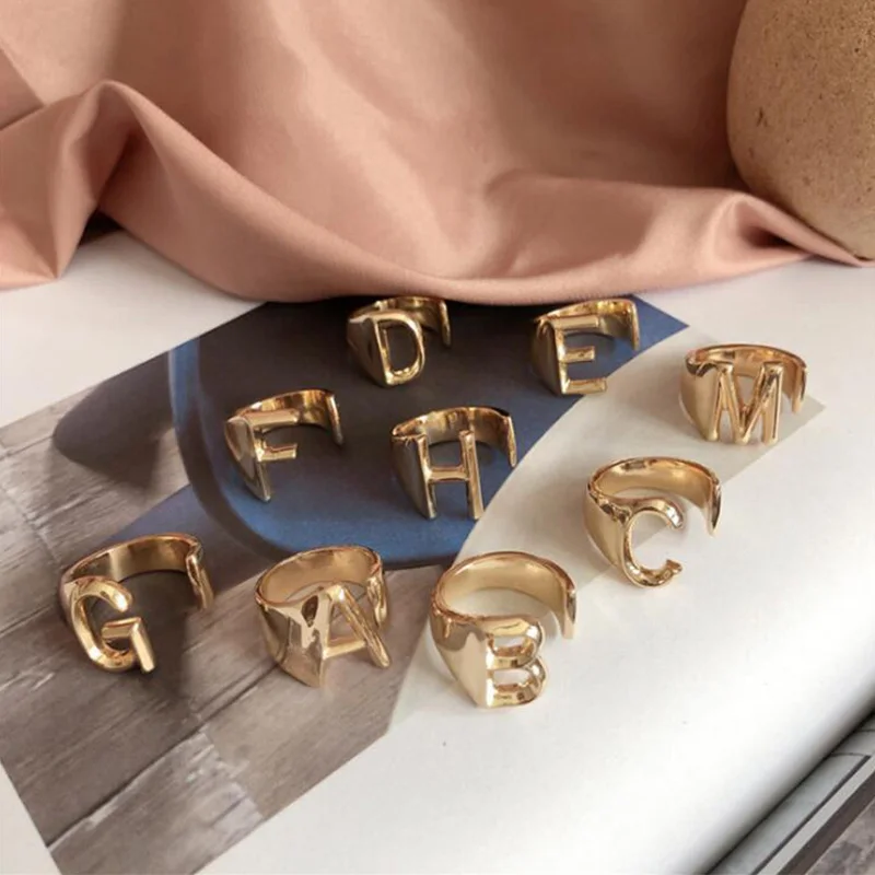 Hot Hollow A-Z Letter Gold Color Adjustable Opening Ring English Letters Initials Name Alphabet Female Party Trendy Jewelry