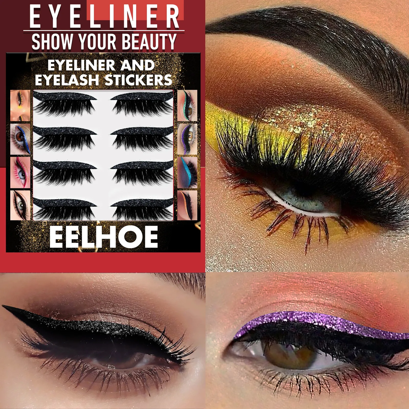 Free Shipping Eelhoe 7 Color Glitter Eyeliner False Eyelash Stickers Stage Reusable Double Eyelid Sticker Cat Eye Makeup Sticker