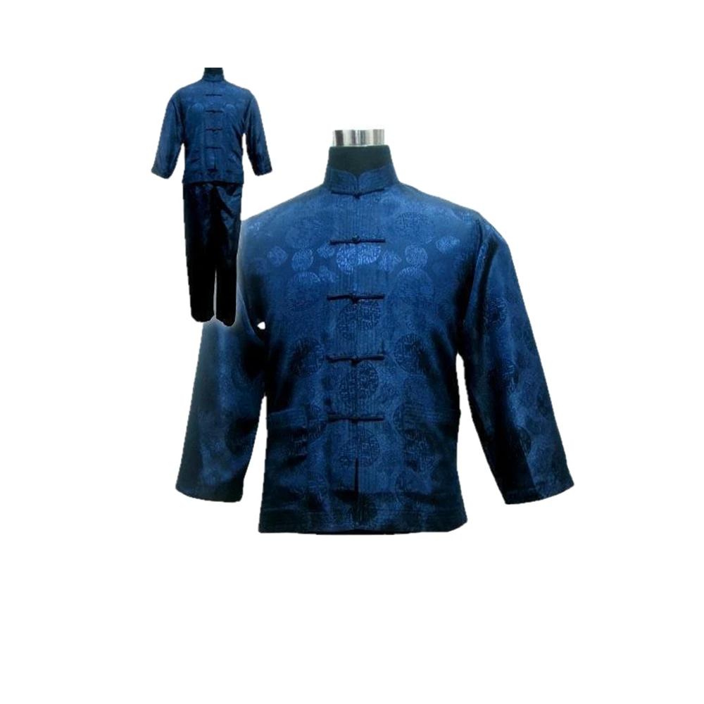 Navy blue Men\'s Polyester Satin Pajama Sets jacket Trousers Sleepwear Nightwear SIZE S M L XL XXL XXXL M3020