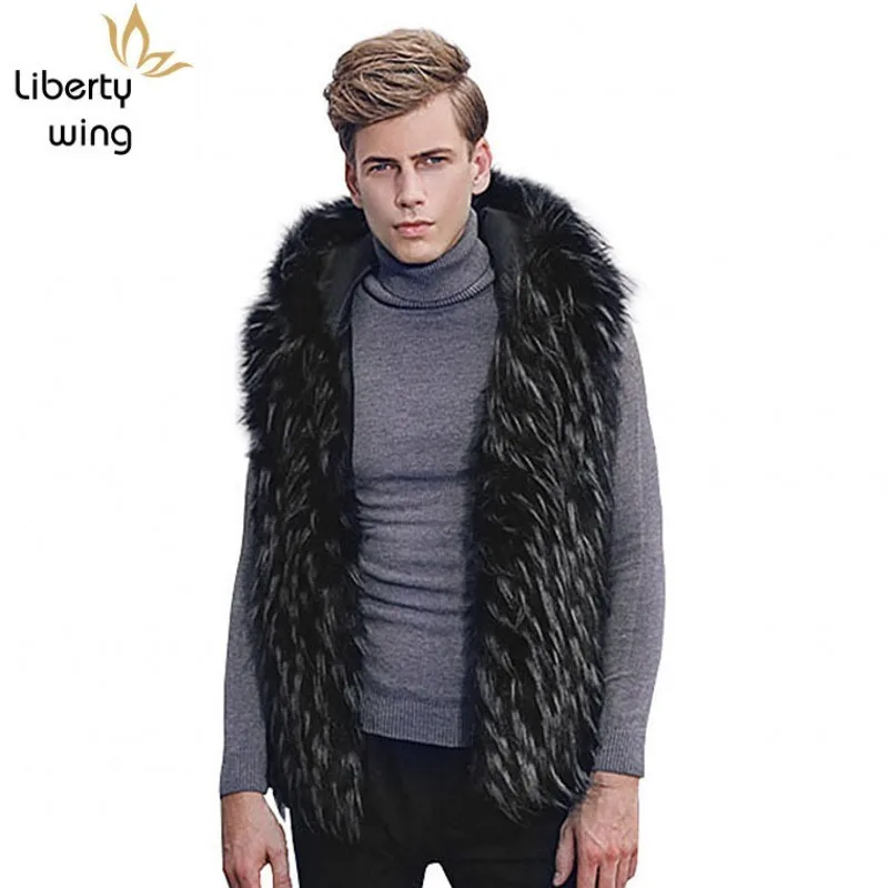 Top Brand Hooded Faux Fur Vest Europe America Warm Sleeveless Slim Fit Coat Autumn Winter Casual Hoodies Jacket Men Outwear