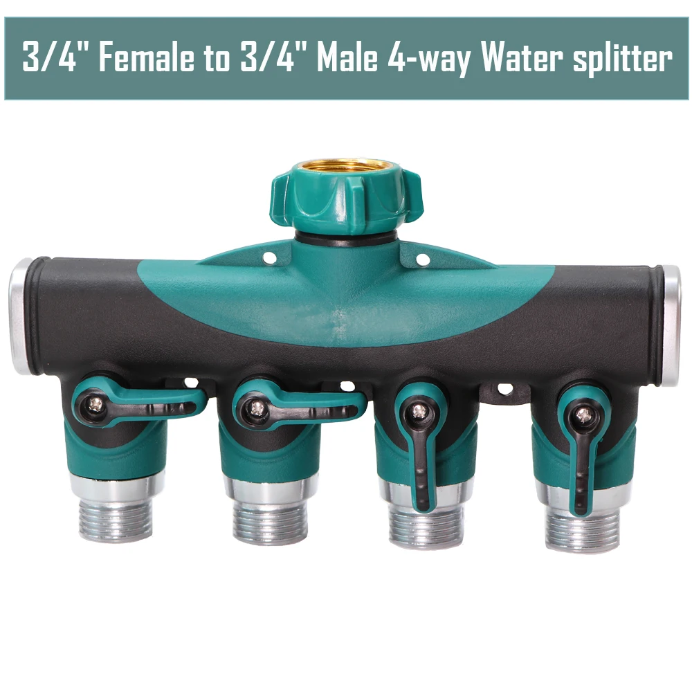 4-Way Water Splitter Zinc Alloy Body Shut Off Valve Faucet Adapter w/ Rubber 3/4'' Solid Connector NPT BSP Thread Garden Hose