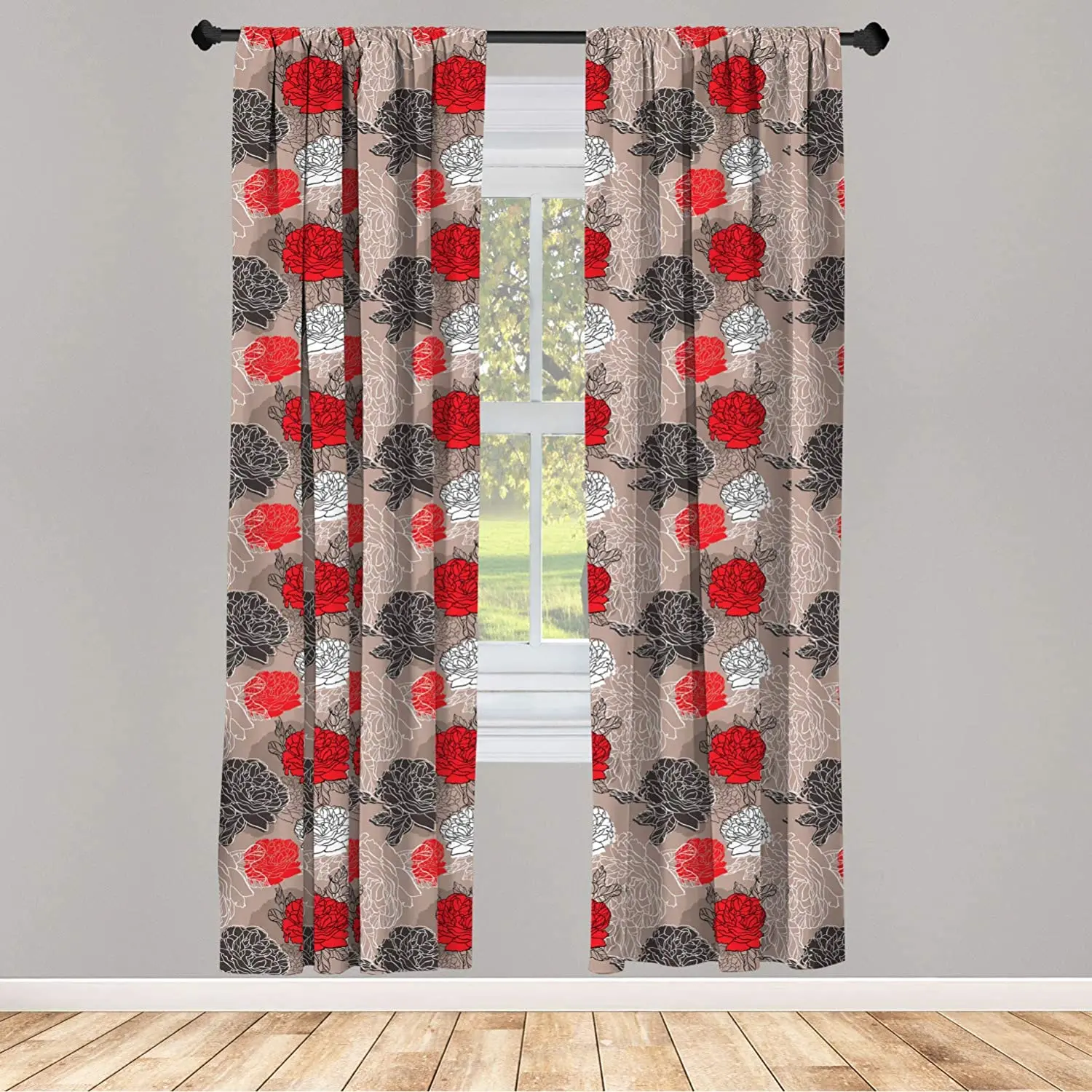 Red and Black Window Curtain Blossoming Peonies Vintage Botanical Composition Abstract Petals and Buds Lightweight Decorative