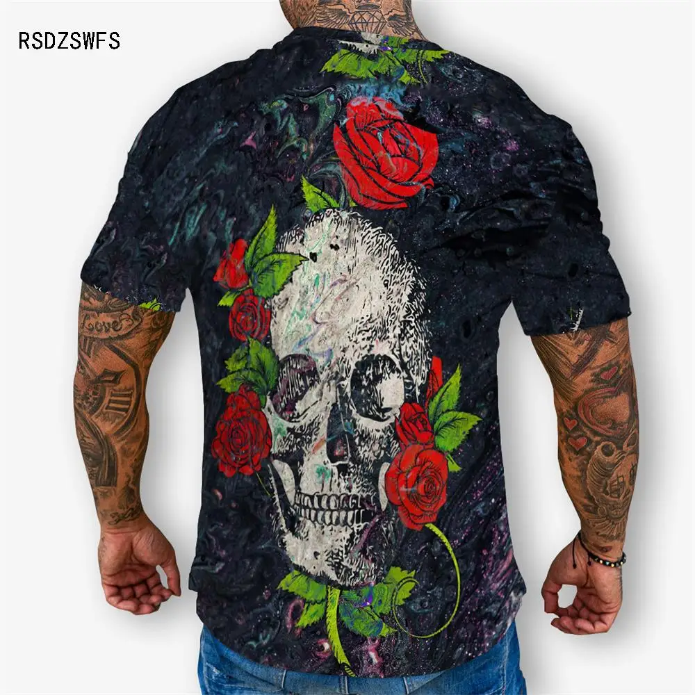 New Flower Rose Skull T Shirt Men Women 3d Print Tshirt Hipster Casual Short Sleeve Breathable T-Shirt Streetwear Cool Tee Tops