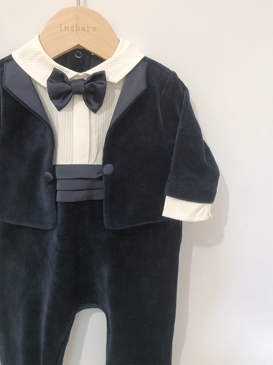 Autumn Winter Children Boutique Clothing Baby Boy Rompers Long Sleeve Velvet Jumpsuit Gentle Boy Birthday Prince Suit Handsome