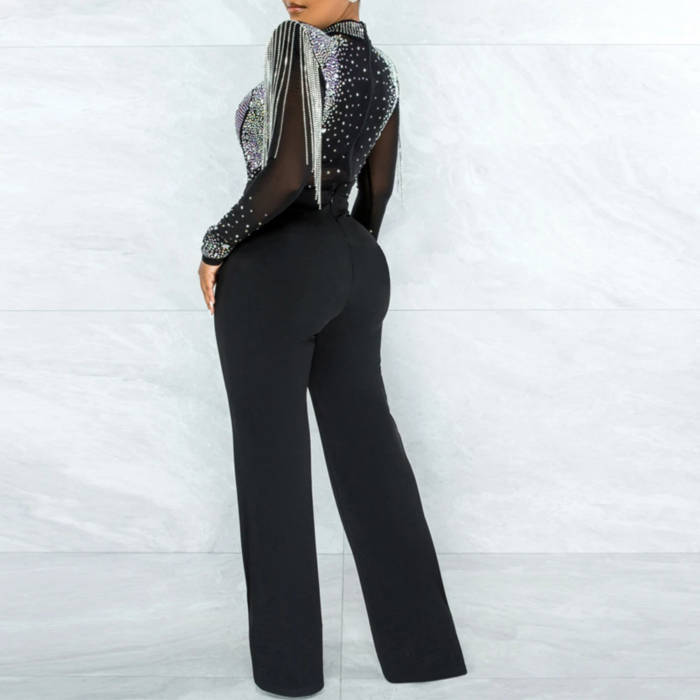 Sexy y2k see through red Rhinestone bodycon jumpsuit women summer Pants party nightclub outfits body jumpsuits bodysuit overalls